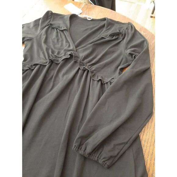 New Medium Aokosor Black Long Sleeve Deep V-Neck Ruffle Midi Mini Dress NWT - Picture 7 of 9